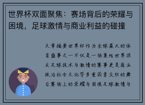 世界杯双面聚焦：赛场背后的荣耀与困境，足球激情与商业利益的碰撞